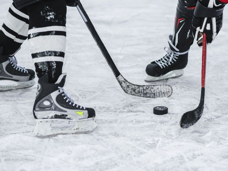 Ice hockey puck and sticks